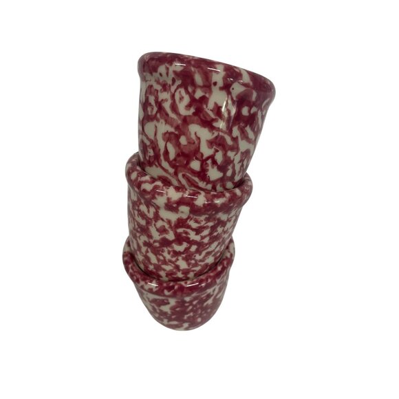 Henn Pottery Vintage Red White Spongeware Pottery Cups Handcrafted Small - Picture 4 of 5